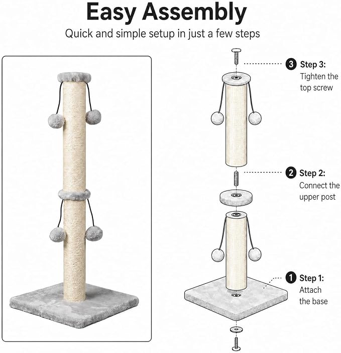 Dimaka 29'' Cat Scratching Post, Natural Sisal Rope Scratcher Post, Kitten Claw Scratch with 4 DanglingToy Balls for Large Cats (Grey)