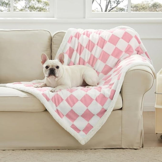 Ohocut Checkered Dog Blanket, Pink Jacquard Sherpa Blankets for Small Dog and Cats, Cute Girly Women Aesthetic Style Fluffy Fleece Pets Blanket for Couch Protection Washable, 30"x40"
