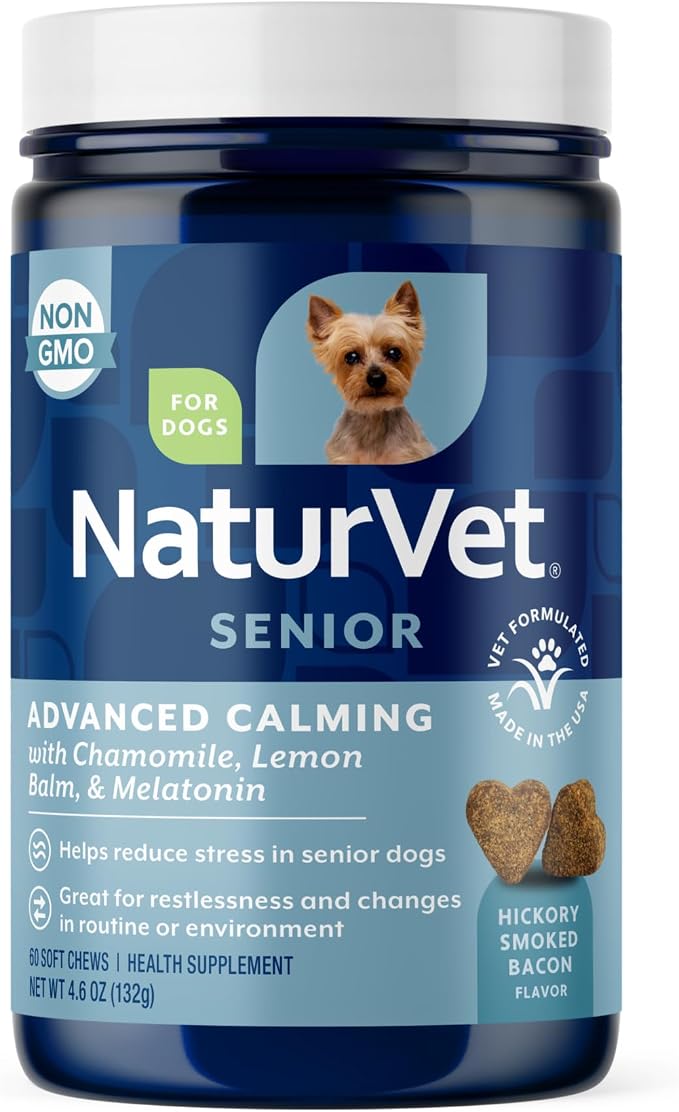 NaturVet Quiet Moments Calming Aid Dog Supplement, Helps Promote Relaxation, Reduce Stress, Storm Anxiety, Motion Sickness for Senior Dogs – 60-Ct. Soft Chews