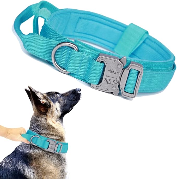 Tactical Dog Collar Adjustable Military Nylon Dog Collar with Control Handle and Heavy Duty Metal Buckle for Medium and Large Dogs (Blue,L)