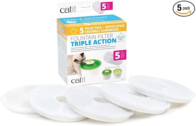 Catit Triple Action Replacement Original Water Fountain Filters, 5 Pack – Official Replacement Filters for Catit Cat Drinking Water Fountains