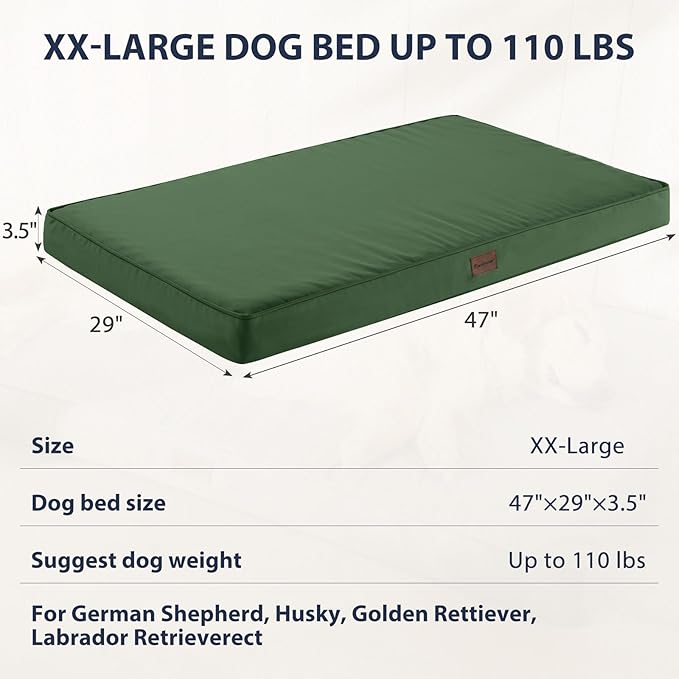 BFPETHOME Outdoor Dog Bed for Large Dogs, Waterproof, Orthopedic with Removable Washable Cover, Egg Crate Foam Mat (47 x 29in, Green)