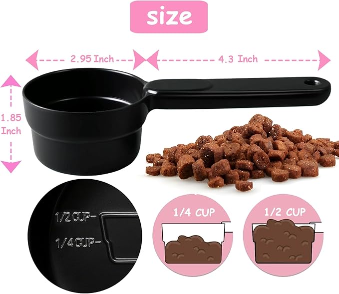 Joyinjojo Dog Cat Food Scoop - Pet Food Scoop Dog Food Measuring Cup 1/2 1/4 Cup, Comfortable Long Handle for Easy to Scoop Food, Black 1/2 Cup