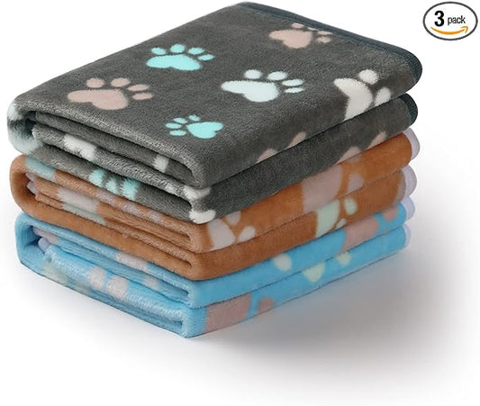Luciphia 1 Pack 3 Blankets Fluffy Premium Fleece Pet Blanket Flannel Paw Printed Throw for Dog Cat(Medium 30x20'', Grey/Brown/Blue)