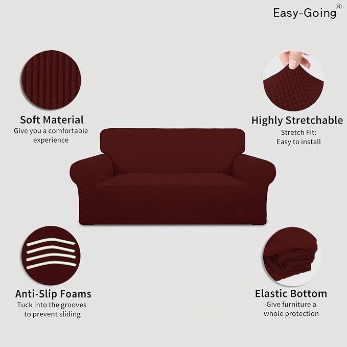 Easy-Going Stretch Oversized Loveseat Slipcover 1-Piece Sofa Cover Furniture Protector Couch Soft with Elastic Bottom for Kids Polyester Spandex Jacquard Fabric Small Checks Wine