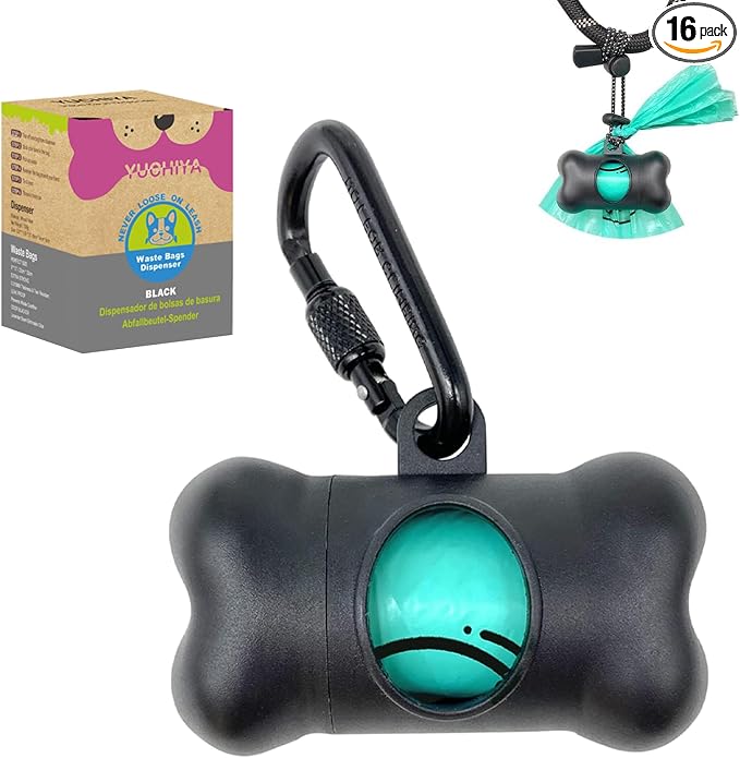 Dog Poop Pickup Bags Holder Dispenser with Standard-Sized Leak-Proof Scented Doggy Waste Bags and Carabiner with Safety Lock&Fastener Never Loose on Leash Lead Again (1 Holder 15 Bags, Black)