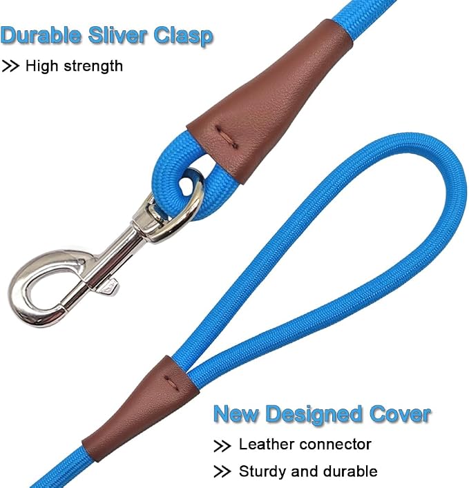 MayPaw 4/6 /8/10 FT Dog Leash, Classic Solid Colors, Strong Nylon Rope Dog Leash Reinforced with Leather Tailor Connection Heavy Duty Silver Clasp (Blue, 8ft*1/2")