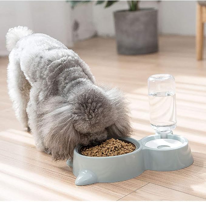 Double Dog Cat Bowls, Pets Water and Food Bowl Set with Detachable Stainless Steel Bowl, Automatic Water Dispenser Bottle No-Spill Pet Feeder for Cats Puppy and Small Dogs (Pink)