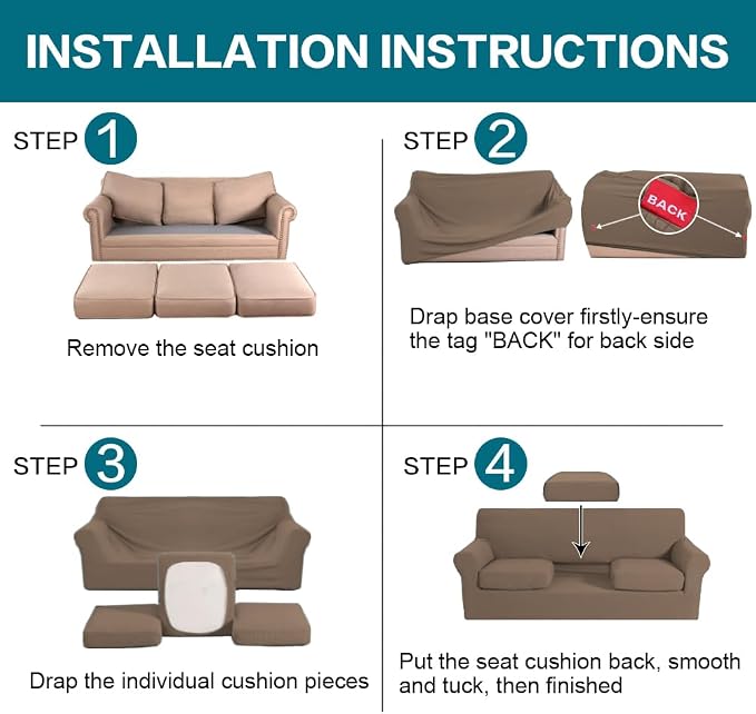 Turquoize 4 Piece Sofa Covers for 3 Cushion Couch Sofa Slipcover Soft Couch Cover for Dogs Washable Furniture Cover with 3 Individual Large Cushion Covers Feature Fabric (Large Sofa, Macchiato)