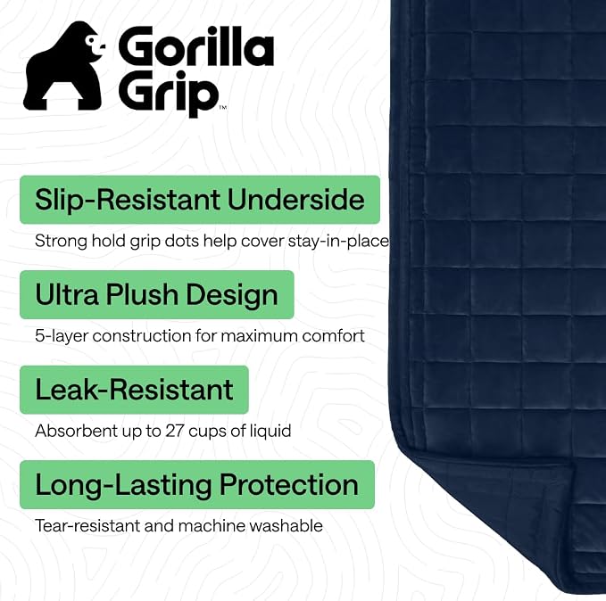 GORILLA GRIP Slip and Leak Resistant Plush Quilted Large Chair Cushion Cover Blanket, Soft Couch Covers for Sofa Dogs, Machine Washable Furniture Protector Pet Friendly Couches, Navy, 48x28 Inches