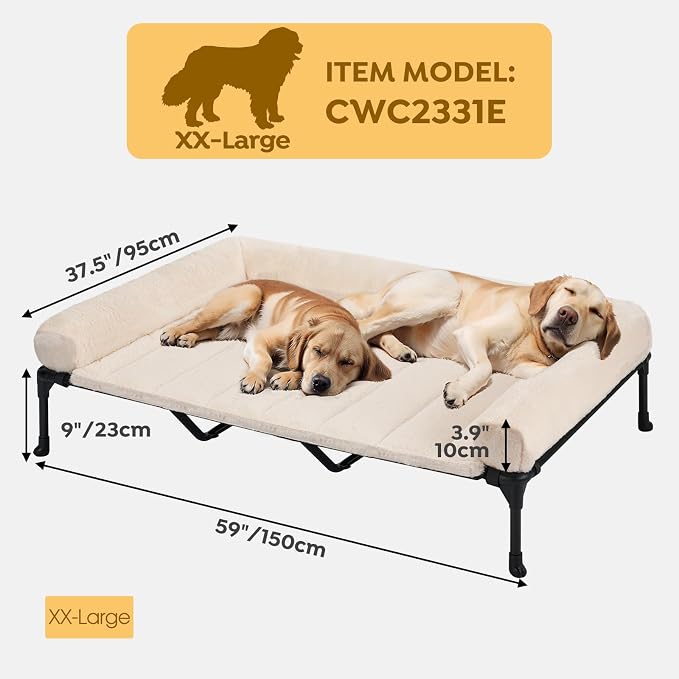 Veehoo Orthopedic Elevated Dog Bed with Fluffy Plush Bolster Cushion, Indoor Raised Dog Beds for Large Dogs, Soft Pet Sofa Cot with Removable Washable Mat, No-Slip Feet, 59 x 37 inches, Cream White
