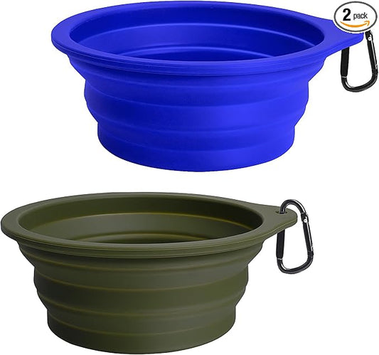PetBonus 2-Pack Silicone Collapsible Dog Bowls, BPA Free Dishwasher Safe, Portable Foldable Expandable Travel Bowl, Food Water Feeding Cup Dish for Dogs Cats with 2 Carabiners (Army Green, Blue)
