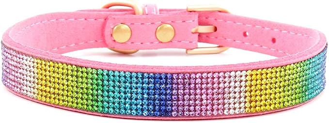 Haoyueer Rhinestone Dog Collar, Cute Dazzling Sparkling Soft Suede Leather Dog Cat Rhinestone Collar Crystal Diamond Pet Dog Puppy Collar (XS, Pink-3)