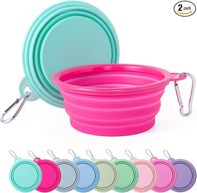 SLSON Collapsible Dog Bowl, 2Pack Macaron Color Pet Travel Bowls Silicone Foldable Water Feeder Dish for Small to Large Dogs Cat Walking Hiking Camping (Macaron Bright Pink and Bright Green, Small)