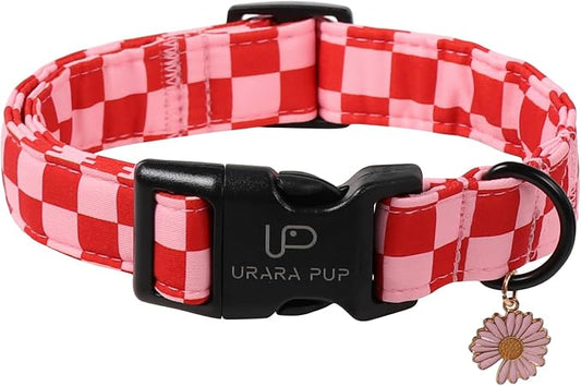 Red and Pink Plaid Dog Collarwith Bow Tie– Adjustable Red & Pink Checkered Dog Collar for Small Medium Large Dogs, Soft Xmas Plaid Puppy Collars with Quick Release Buckle XS