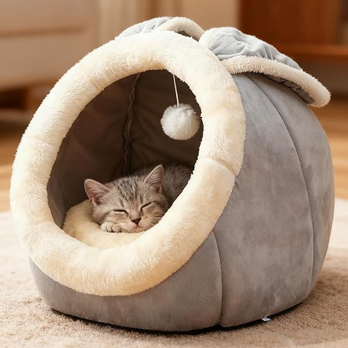 Lcybem Cat Beds for Indoor Cats - Rabbit-Shaped Cat Cave Bed with Hanging Toy,Super Soft Calming Pet Bed for Kitten,Small Dog,Warm Plush&Machine Washable&Removable Cotton Pad,cat Hideaway