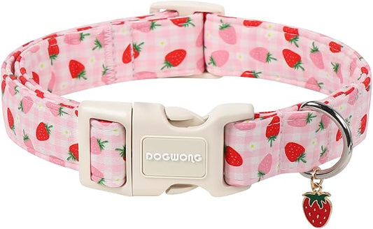 DOGWONG Strawberry Dog Collar for Small Dogs, Spring Summer Pink Girl Dog Collars, Pink Strawberry Girly Dogs Collars for Small Medium Dogs, Neck 11-16 inches