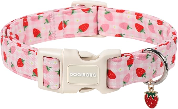 DOGWONG Strawberry Dog Collar for Small Dogs, Spring Summer Pink Girl Dog Collars, Pink Strawberry Girly Dogs Collars for X-Small Puppies Dogs, Neck 8-12 inches