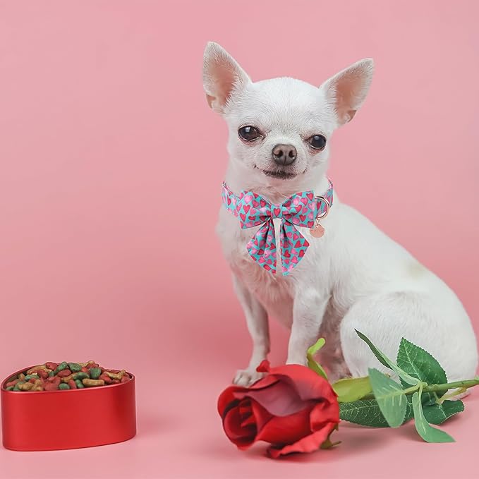 Valentine’s Day Dog Collar with Bow Tie, Pink Heart Bowtie Collar with Metal Buckle, Valentine’s Day Gift Pet Collar for Puppy Girl Boy Dog or Cat, Wedding Dog Collar, L, Neck 16-24in