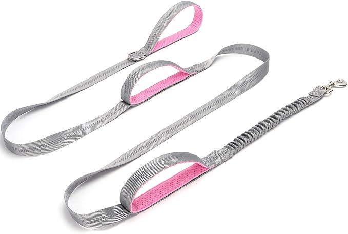 BTINESFUL 8ft Dog Leash with 3 Handles, Triple Handle Reflective Shork Absorbing Bungee Dog Leash for Control & Safety Training for Large Medium Dogs (1 in x 8 ft, Grey)