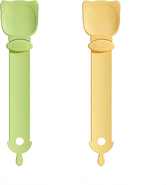 Multifunctional Cat Strip Squeeze Spoon - Cute Cat Head Feeder, 3 Color Strip, Wet Food Dispenser & Treat Spoon (Pet Supplies) (Green-1PCS+Orange-1PCS)