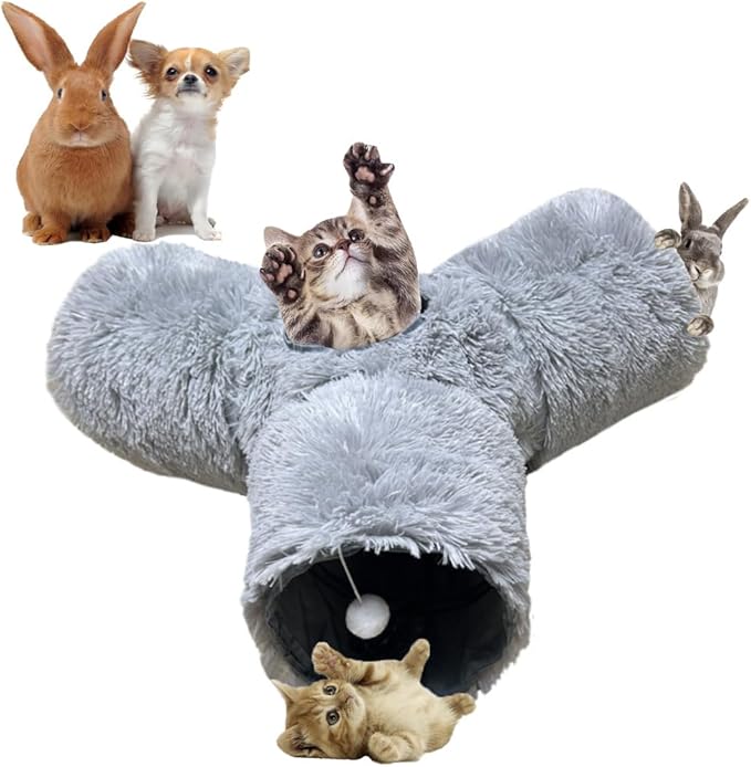 3-Way Collapsible Cat Tunnel Tube Toy Grey Plush — Interactive Play Tunnel with Hanging Ball & Peek Hole for Indoor Cats, Kittens, Puppies & Rabbits | Hours of Fun & Exercise