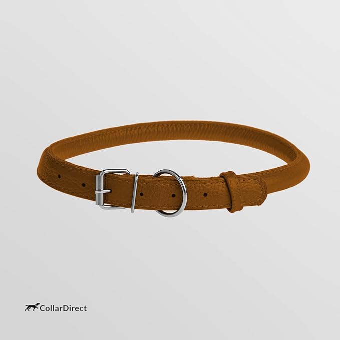 CollarDirect Rolled Leather Dog Collar, Soft Padded Round Puppy Collar, Handmade Genuine Leather Collar Dog Small Large Cat Collars Black Pink Red Purple Blue (Fits 15"-18" Neck, Brown)