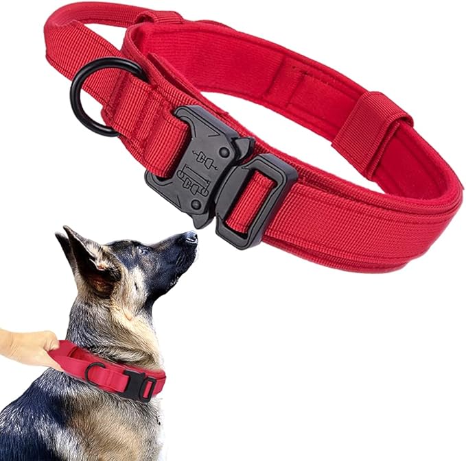 Tactical Dog Collar Adjustable Military Nylon Dog Collar with Control Handle and Heavy Duty Metal Buckle for Medium and Large Dogs (Red,L)