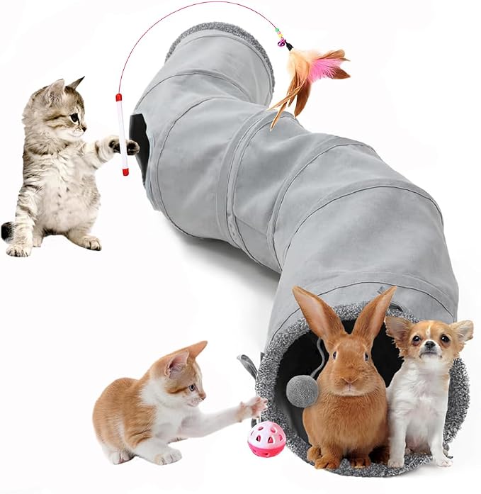 2-Way Collapsible Cat Tunnel Tube Toy Pack— Interactive Play Tunnel with Peek Holes, Ball and Wand Toy for Indoor Cats, Kittens, Puppies & Rabbits | Hours of Fun & Exercise