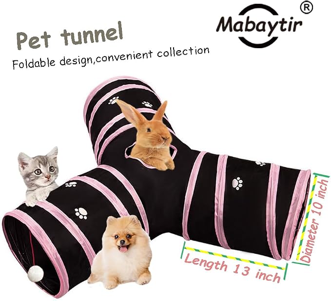 3-Way Collapsible Cat Tunnel Tube Toy Black with Pink Paws — Interactive Play Tunnel with Hanging Ball & Peek Hole for Indoor Cats, Kittens, Puppies & Rabbits | Hours of Fun & Exercise