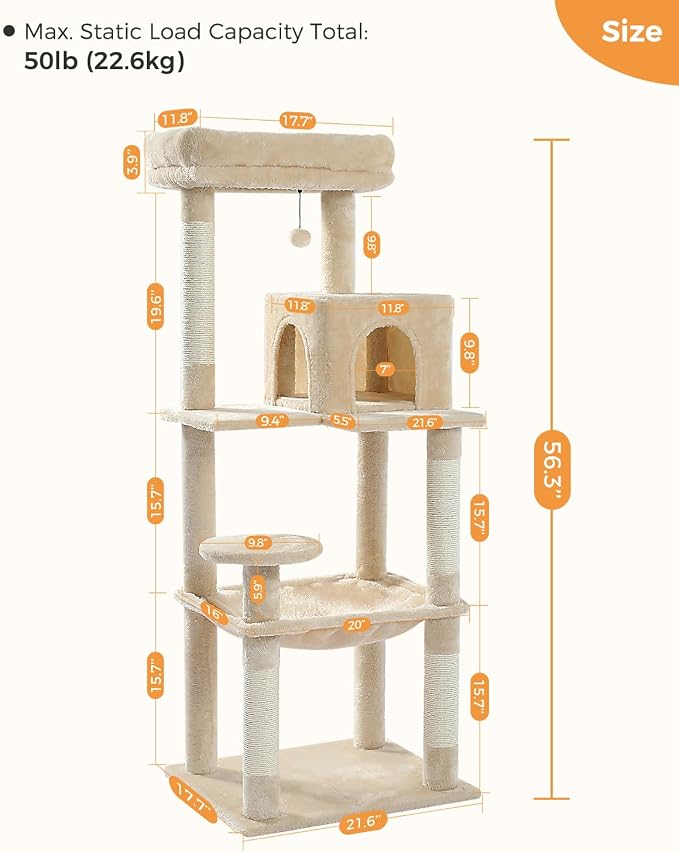 MUTTROS Cat Tree for Large Cats Adult with Metal Plush Big Hammock, 56.3" Cat Tower with 2 Door Condo House, 6-Tier Cat Shelves with Scratching Posts and Large Top Perch, Beige