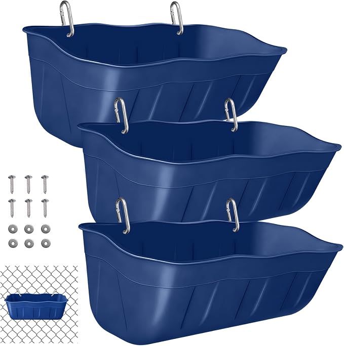 Chicken Feeder Waterer,Hanging Goat Feeders,Feed Trough 3.5 Quart 3 Pack,Hanging Fence Feed Trough for Poultry Livestock,Blue