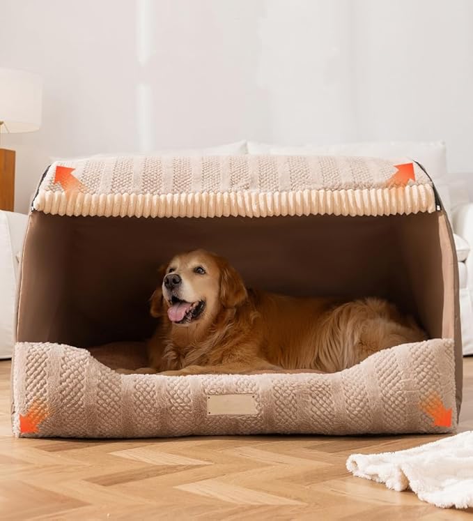 Large Dog House Indoor, Foldable Pet House Bed with Removable Plush Cushion, Warm Covered Dog Cave Nest Bed for Small Medium Extra Large Dogs (Brown, Large)