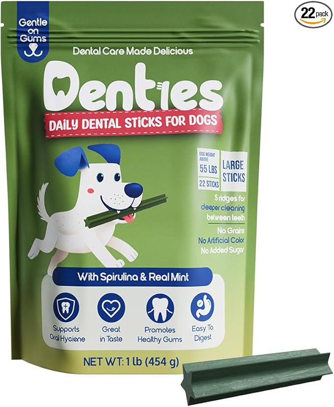 Dental Chews for Dogs–Dental Sticks for Large Dogs(Up to 75lbs), Dog Dental Treat Cleans Teeth, Freshen Breath, Reduce Plaque Tartar, Chicken Spirulina & Mint Recipe, 16 oz Pack, 22 Treats