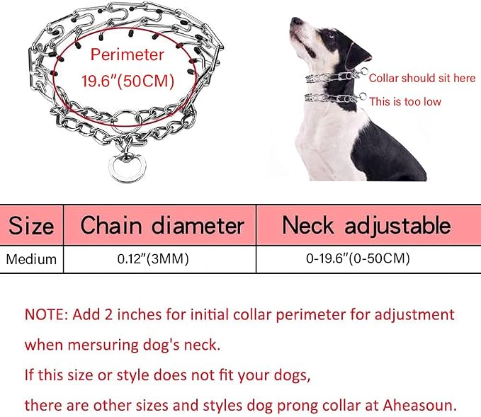 Prong Collars for Dogs, No Pull Dog Collar, Dog Training Collar for Large Medium Small Dogs, Stainless Steel Adjustable with Comfort Rubber Tips (Medium, 3.0mm, 19.6-Inch)