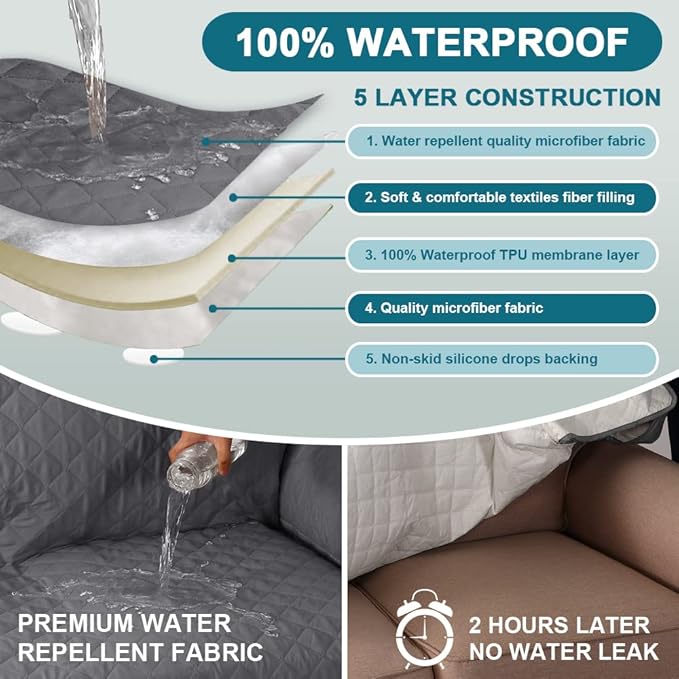 Turquoize 100% Waterproof Couch Cover Sofa Covers Washable Couch Covers for 3 Cushion Couch Sofa Pet Friendly Triple Non-Slip Couch Cover for Dogs Furniture Covers for Pets, Kids,Dog (Sofa 70", Gray)