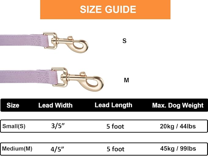 Soft Cotton Dog Leash, 5 Ft Heavy Duty Corduroy Dog Leashes with Gold Metal Hook for Small Medium Large Dogs,Small,Light Purple