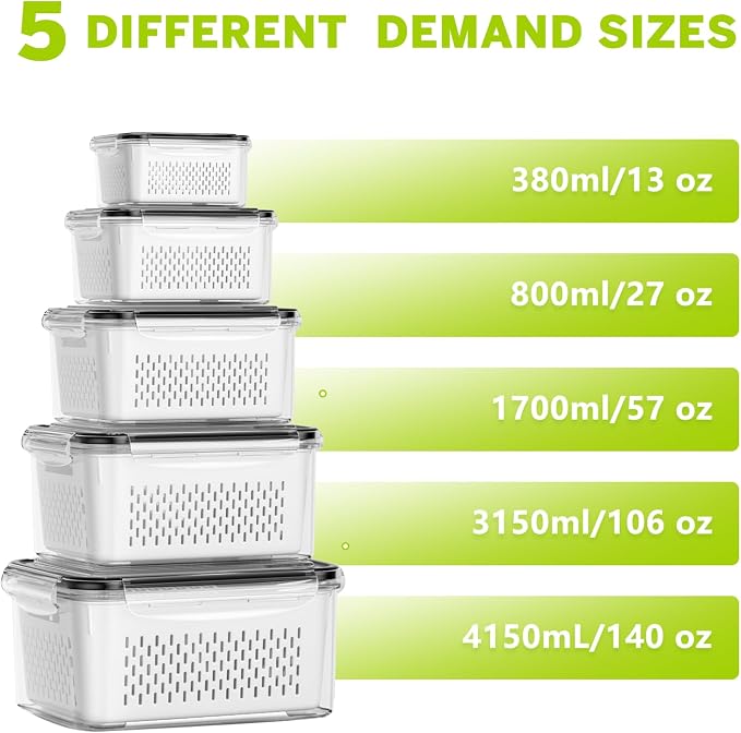 HOMETALL 5 Pack Fruit Storage Containers for Fridge, Plastic Fruit Containers for Fridge with Removable Colanders, Leakproof Fridge Organizers and Storage for Berry Vegetable Salad Lettuce Meat Food