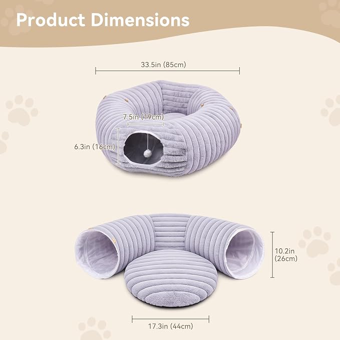 Cat Tunnel Bed Cave - Soft Washable Cushion for Indoor Cats, Peekaboo Hideaway Cave for Indoor Cats, Kittens, Puppies, Rabbits, Luxurious Striped Hare-Feel Fabric, Tunnels for Indoor Cats Large(Grey)