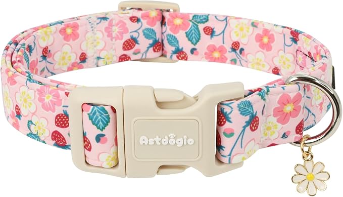 Dog Collar for Large Dogs, Spring Pink Dog Collars with Strawberries & Flowers, Adjustable Large Dog Collars, Cute Girl or Boy Dog Collar Ideal for Puppy Gifts,Pet Accessory