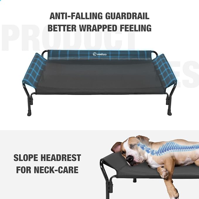 Veehoo Cooling Elevated Dog Bed, Raised Pet Cot with Guardrail & Slope Headrest, Durable & Breathable Teslin Mesh, Non-Slip Feet, Washable Dog Sofa Bed for Indoor & Outdoor, Large 47" x 32", Black