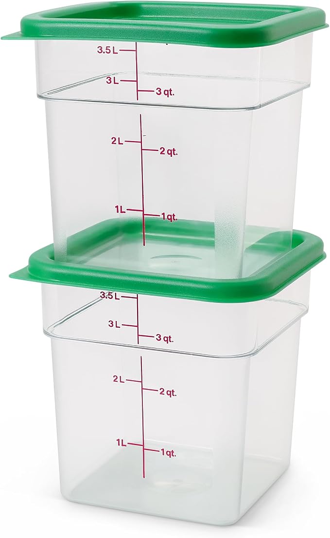 Cambro Food Storage Container with Lid (2 Pack) - Classic Series Square with Green Lid - 4 QT (Quart) - Commercial Grade for Food Prep (Clear)