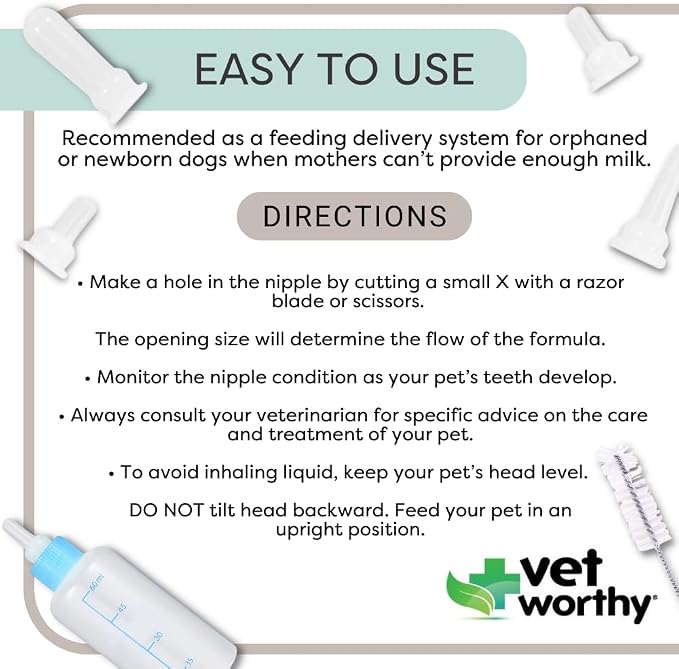 VetWorthy 7-Piece Canine Nursing Kit - Dog Nursing Set for Orphaned and Newborn Puppies - Pet Feeding Support Kit with Feeding Bottle, Milk Bottle Brush, and 5 Nipples