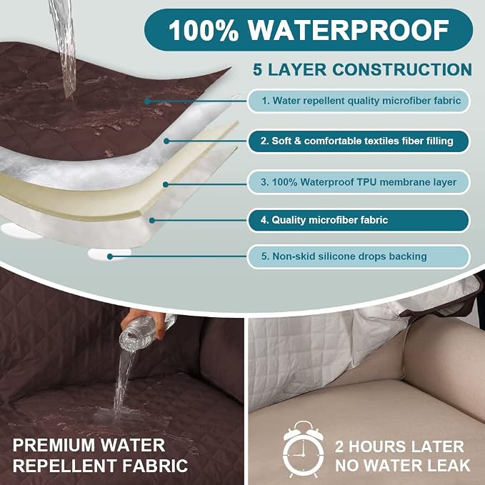 Turquoize 100% Waterproof Sofa Covers Chaise Lounge L Shape Sofa Protector Chaise Slip Cover Triple Non-Slip Sofa Slipcover for Sectional Couch Cover for Pets, Kids (Chaise, Brown)