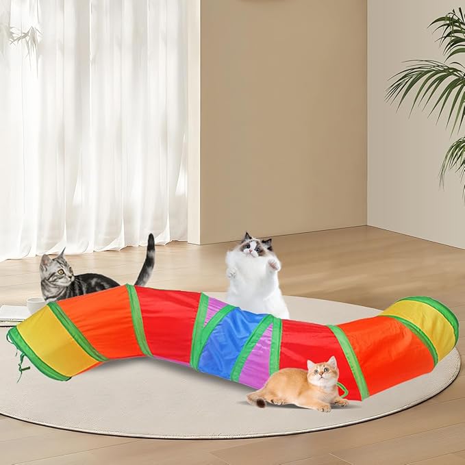 SUSWIM Cat Tunnel,Pet Cat Tunnels for Indoor Cats Large,Collapsible Cat Tunnel Maze Toy Shape S,Rainbow Colors.