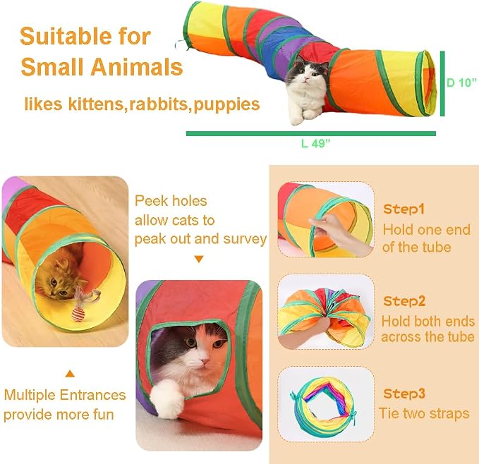 2-Way Collapsible Cat Tunnel Tube Toy Rainbow — Interactive Play Tunnel with Peek Hole for Indoor Cats, Kittens, Puppies & Rabbits | Hours of Fun & Exercise