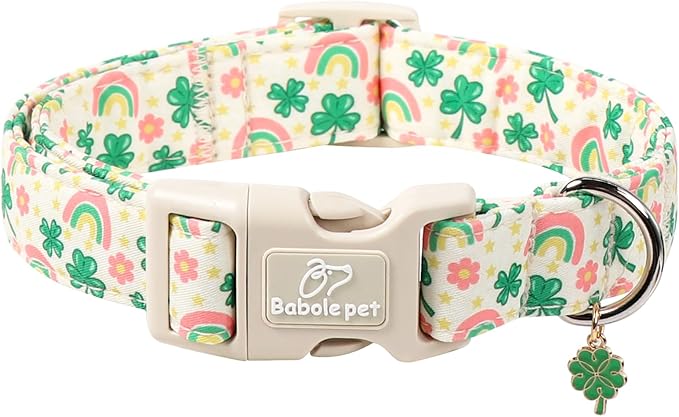 St. Patrick's Day Dog Collar for Medium Dogs - Cute Shamrock & Rainbow Print Dog Collars, Irish Green Party Puppy Collar, Lightweight Adjustable St. Patricks Day Pet Collars M