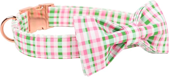 Maca Bates Plaid Dog Collar with Fancy Bow Tie,Cherry Pink Green Gingham Pattern for Medium Girl Boy Dogs,Adjustable Durable Soft Collars Irish Gift for Male Female Puppy