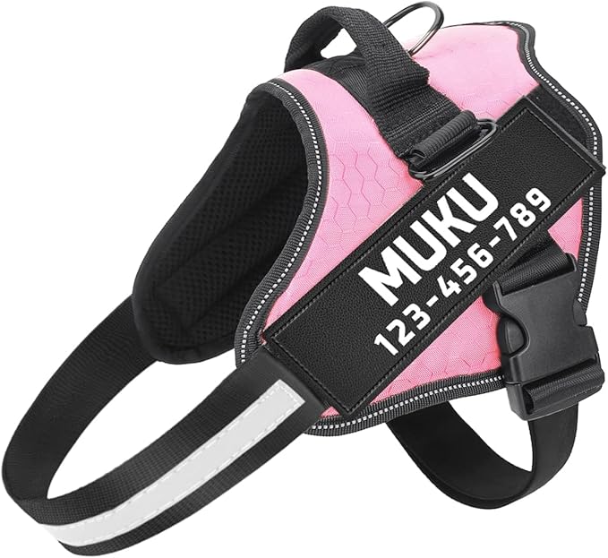 MUMUPET Custom Dog Harness Vest with 2 Personalized Name & Phone Patches, No Pull Reflective Adjustable with Handle, Soft Breathable Padding for Small Dogs (Pink, S)