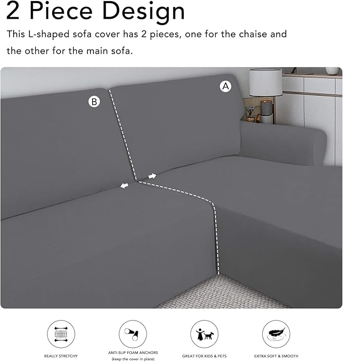 PureFit Super Stretch Sectional Couch Covers - 2 pcs Spandex Non Slip Sofa Covers with Elastic Bottom for L Shape Sectional Sofa Couch, Great for Kids & Pets (3 Seat Sofa + 3 Seat Chaise, Gray)